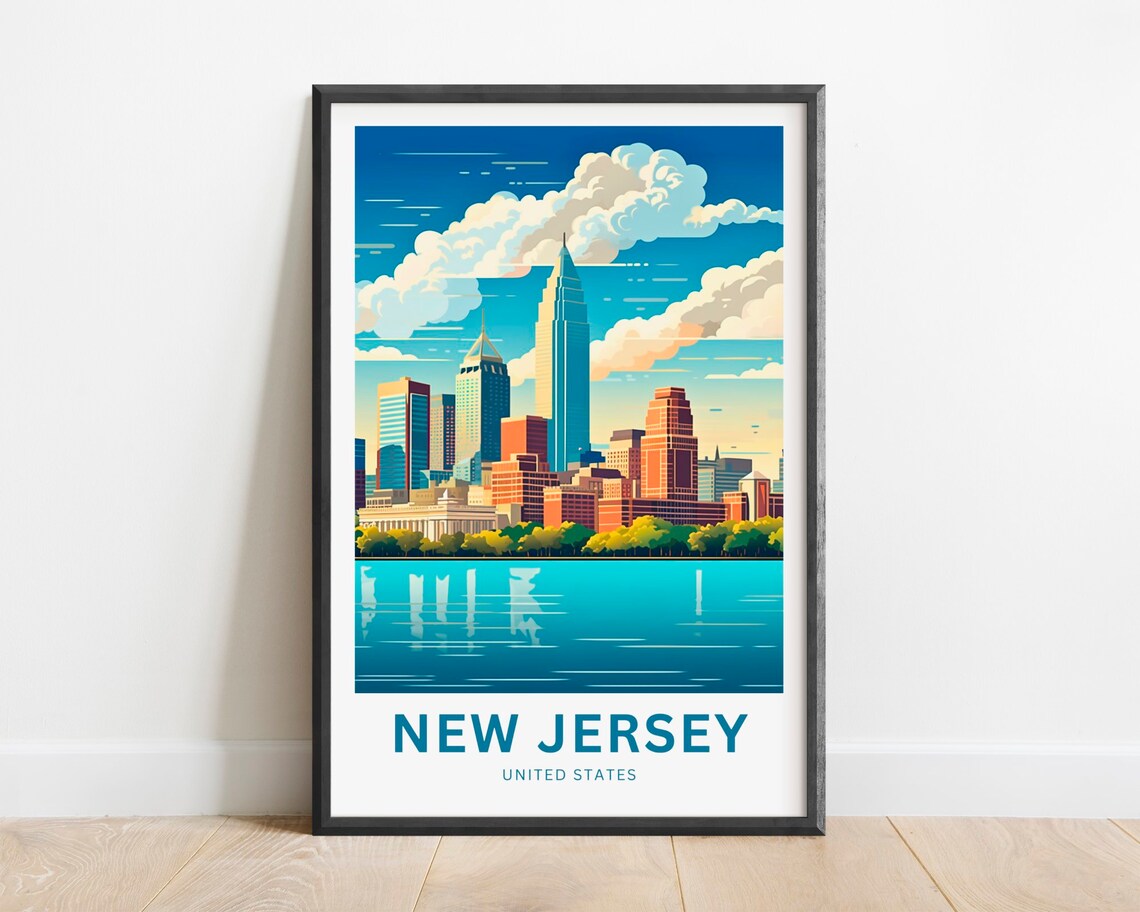 New Jersey Skyline Waterfront Reflection Cityscape Travel Poster