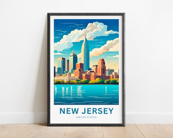 New Jersey Skyline Waterfront Reflection Cityscape Travel Poster