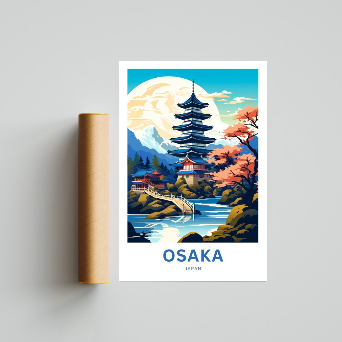 Osaka Japan Five Story Pagoda Cherry Blossom Moonlight Travel Poster - Image 4