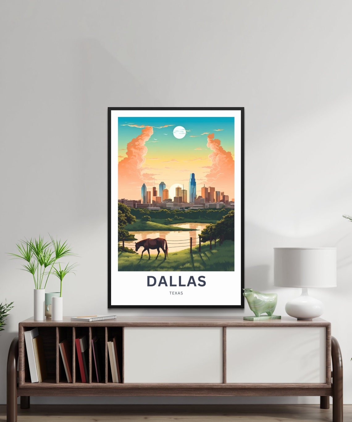 Personalized Dallas Texas Skyline Horse River Moon Travel Poster - Image 2