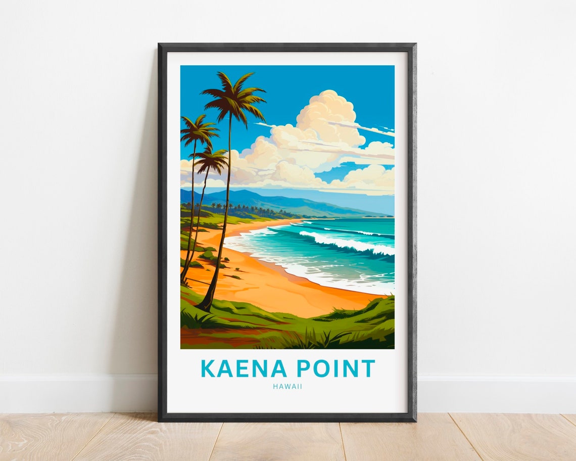 Kaena Point Hawaii Palm Beach Tropical Retro Travel Poster Oahu