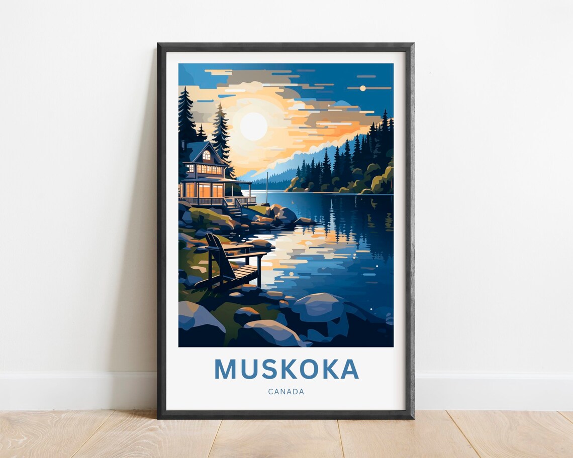 Muskoka Canada Lakeside Cabin Sunset Chair Vintage Travel Poster