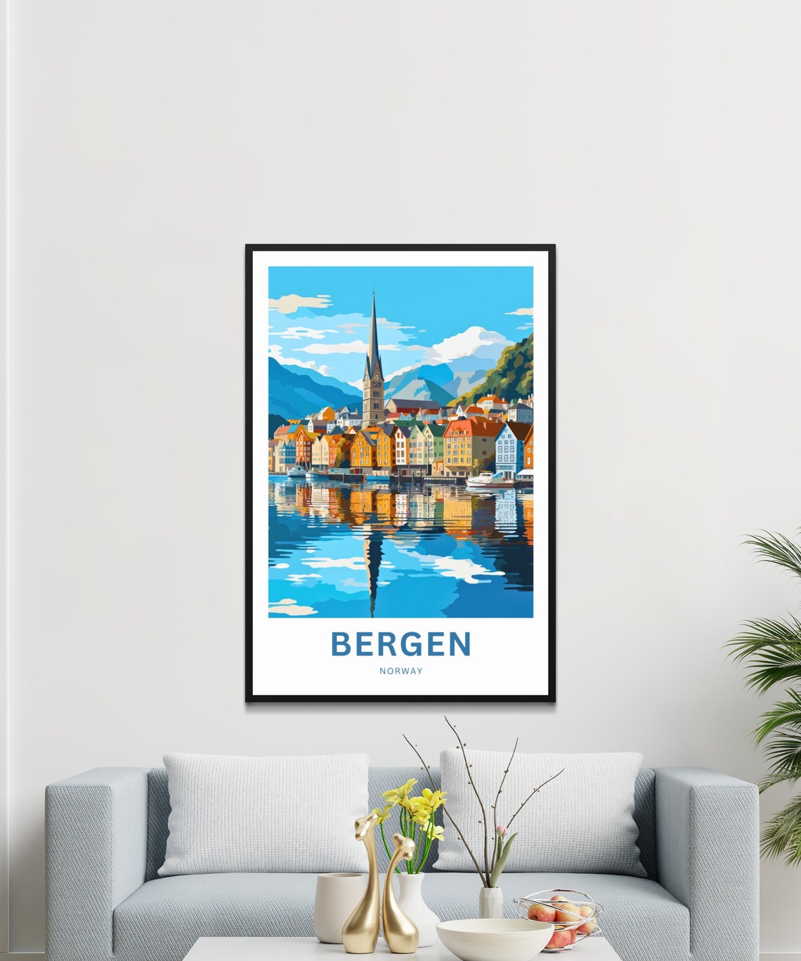 Personalized Bergen Norway Waterfront Houses Reflection Poster - Image 3