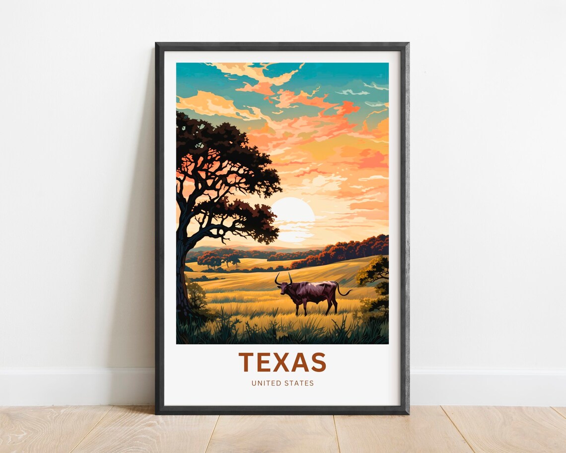 Texas Longhorn Golden Field Sunset Vintage Western Travel Poster