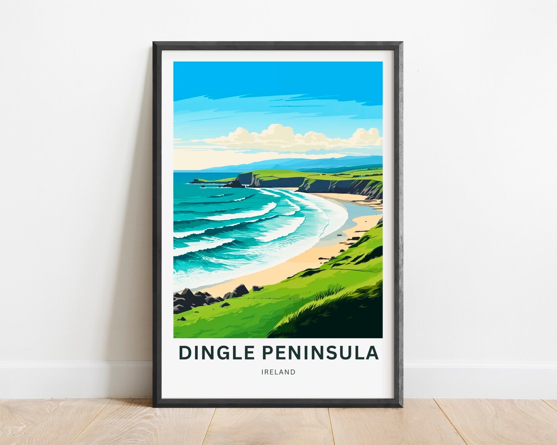 Dingle Peninsula Ireland Curved Sandy Bay Cliffs Travel Poster