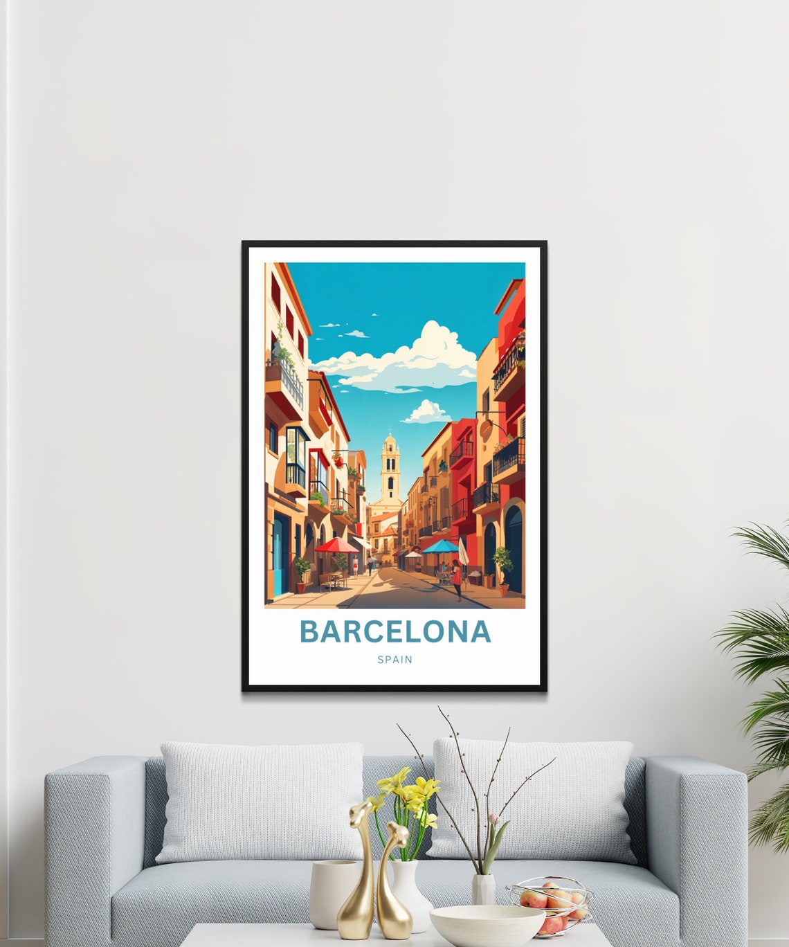 Personalized Barcelona Spain Sunlit Bell Tower Street Poster - Image 2