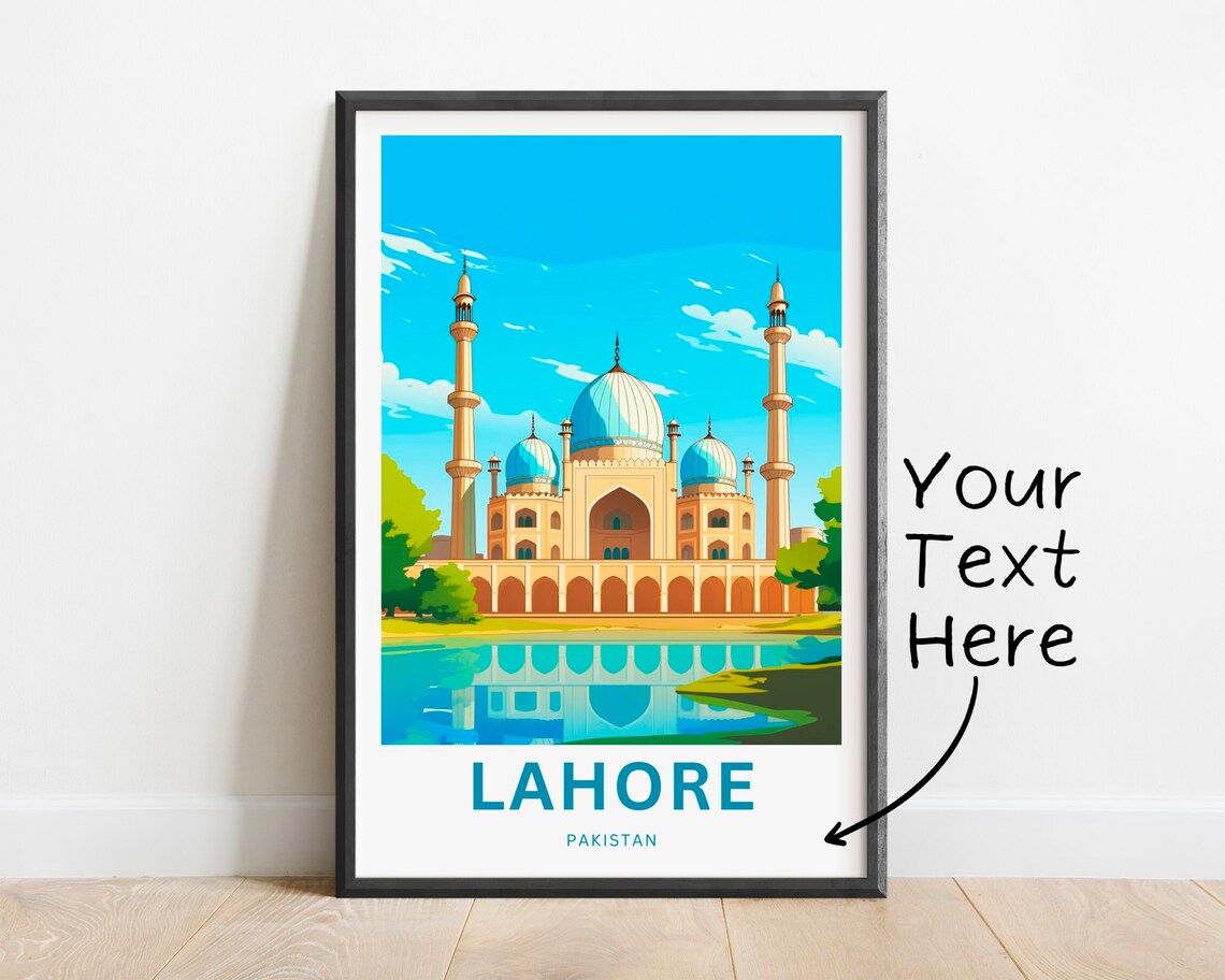 Lahore Pakistan Grand Mosque Blue Domes Twin Minarets Travel Poster