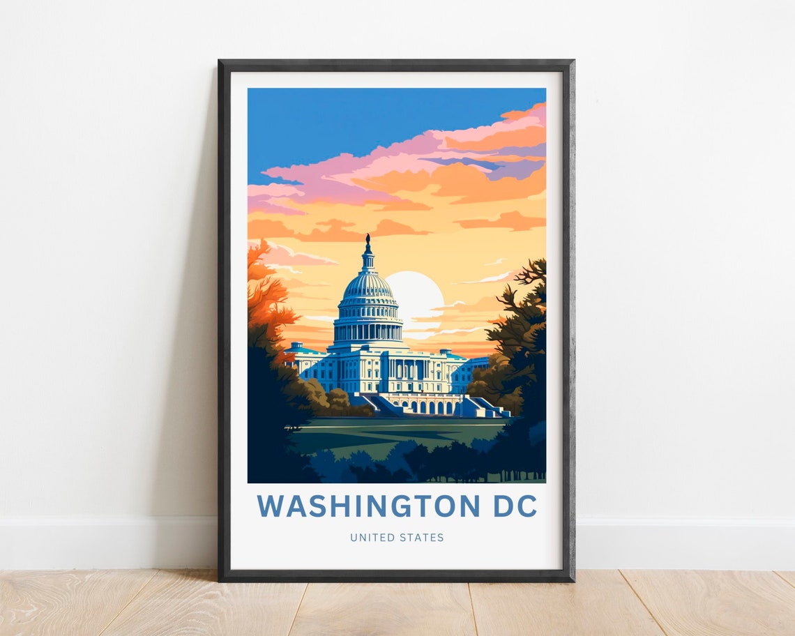 Washington DC US Capitol Glowing Sunset Dome Skyline Travel Poster