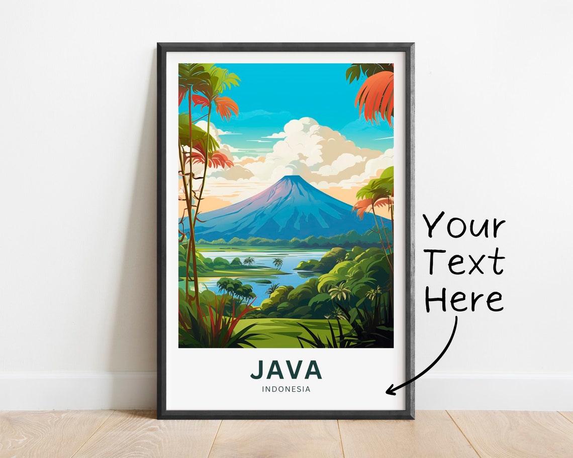 Java Indonesia Volcano Palm Trees Lake Personalized Travel Poster
