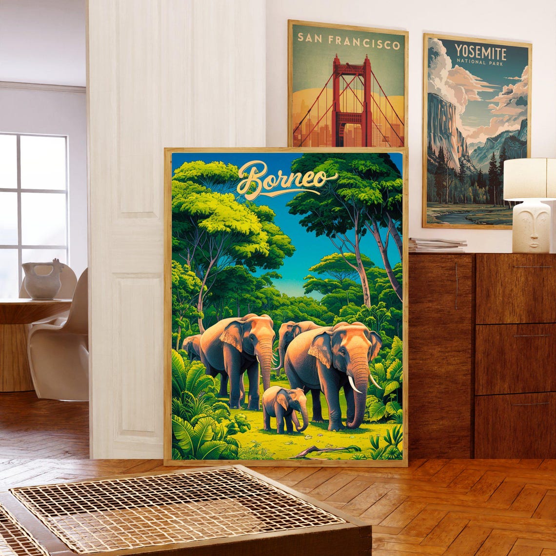 Borneo Malaysia Jungle Elephants Vintage Script Retro Travel Poster - Image 5