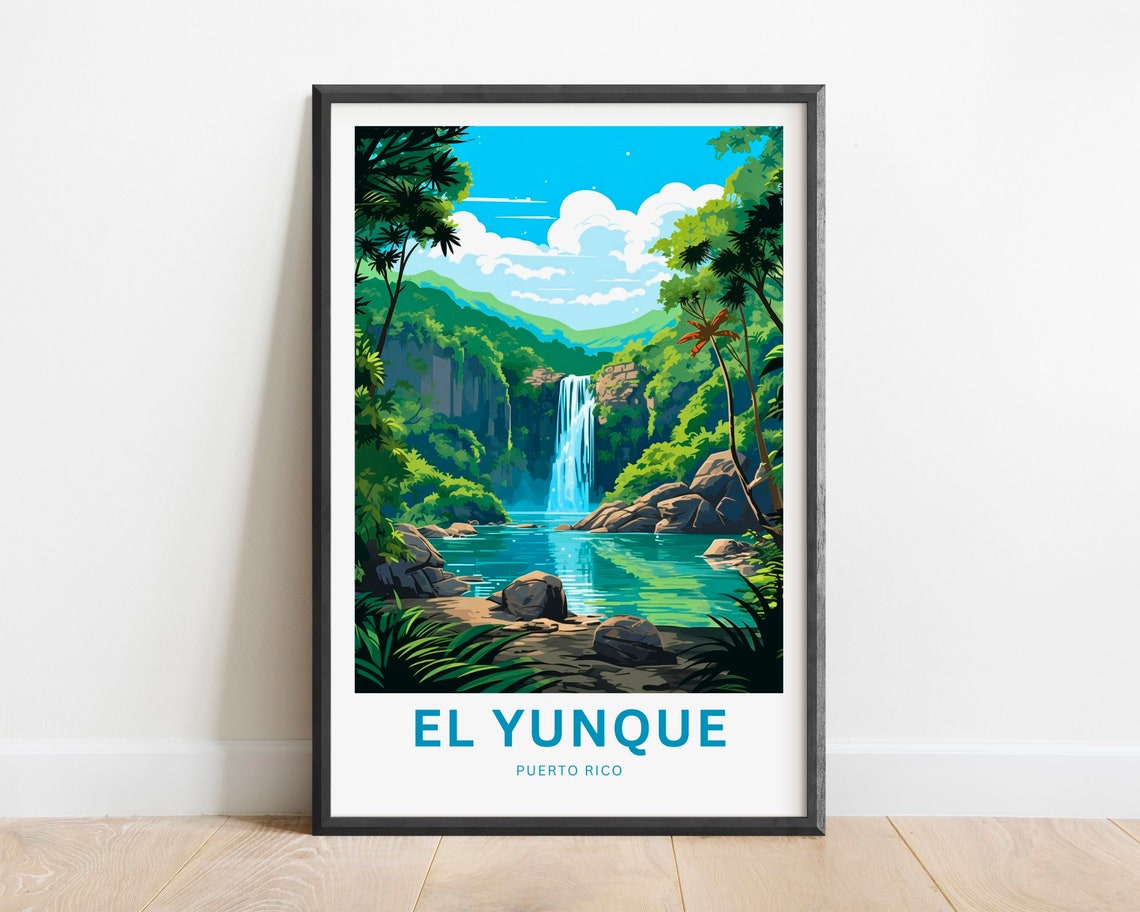 El Yunque Puerto Rico Tall Waterfall Pool Travel Poster Artwork