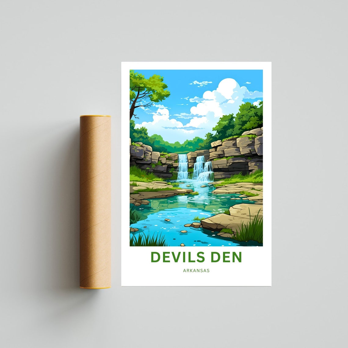 Devils Den Arkansas Triple Cascades Travel Illustration Poster - Image 4