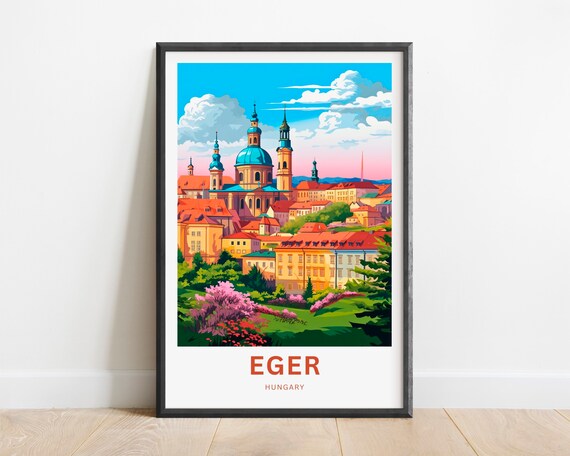 Eger Hungary Panoramic Church Skyline Spring Vintage Travel Poster