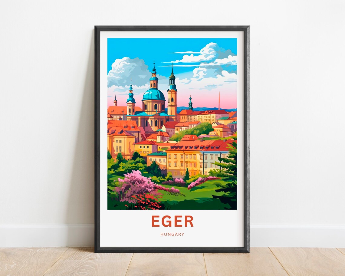 Eger Hungary Panoramic Church Skyline Spring Vintage Travel Poster