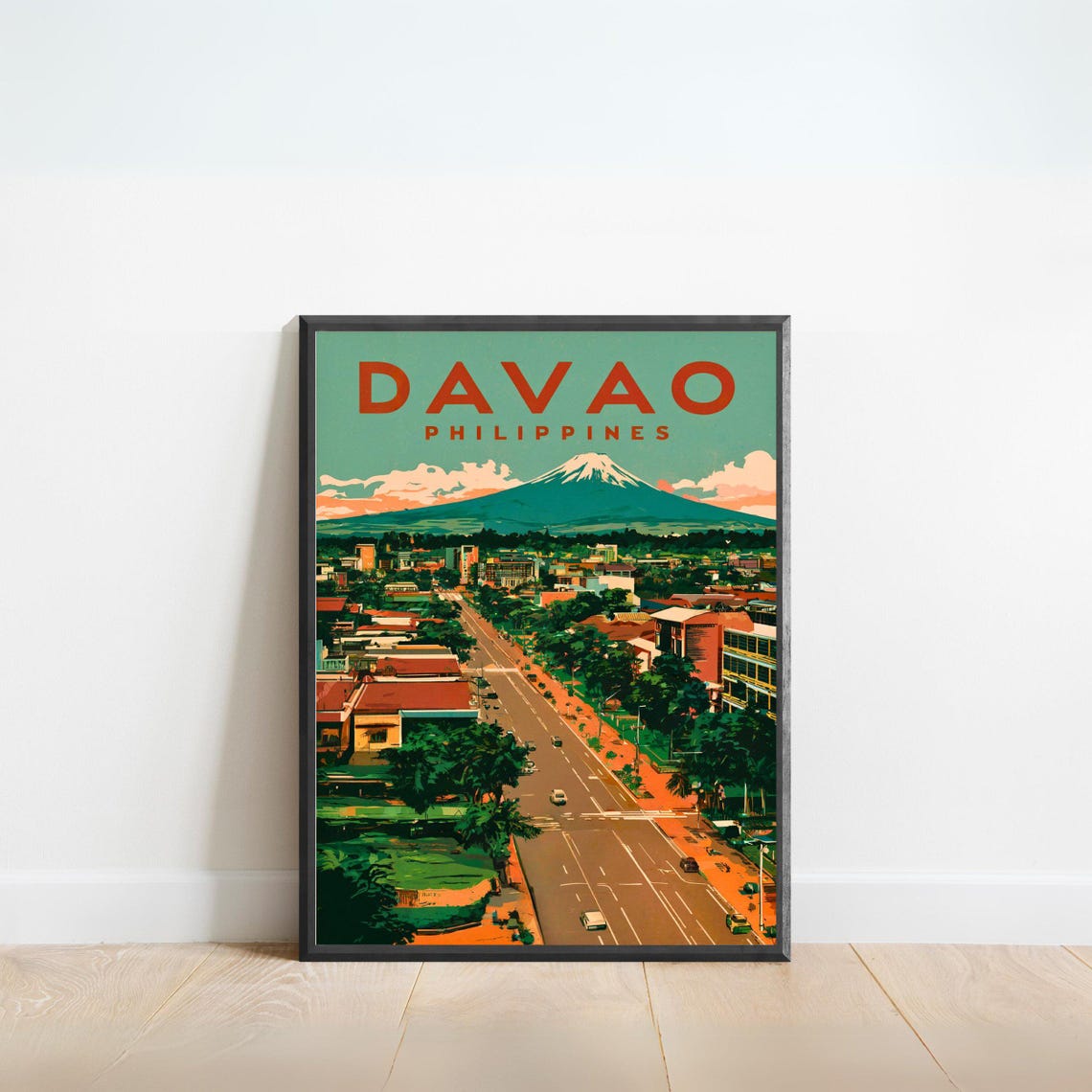 Davao Philippines Vintage Retro City Avenue Volcano View Poster