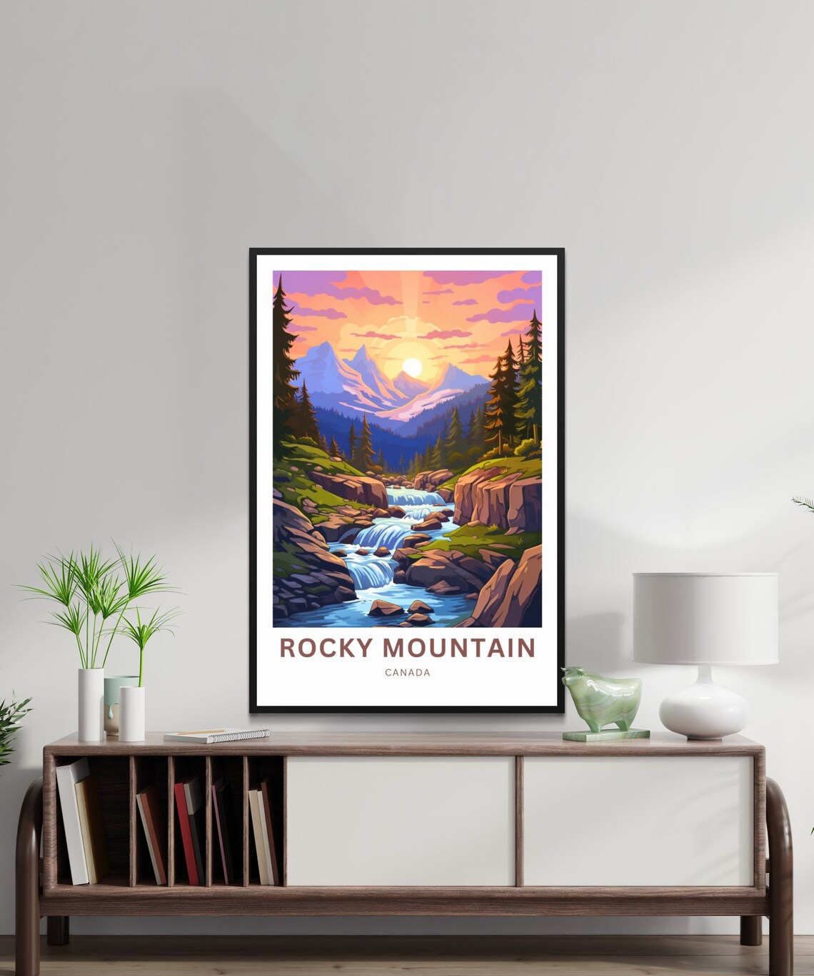 Rocky Mountain Canada Sunset Waterfall Peaks Art Travel Poster - Image 2