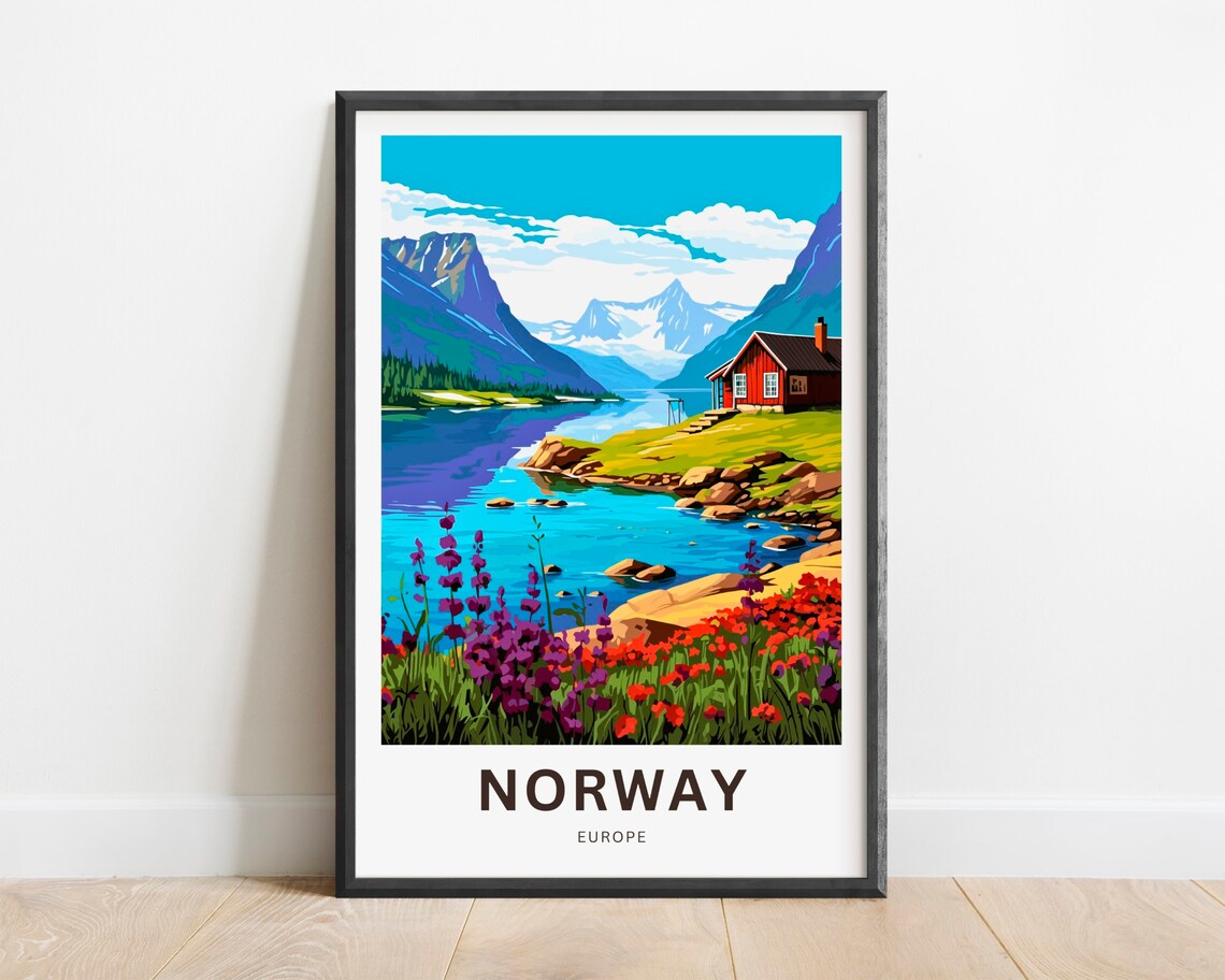 Norway Europe Travel Poster Red Mountain Cabin Wildflower Lake Scene