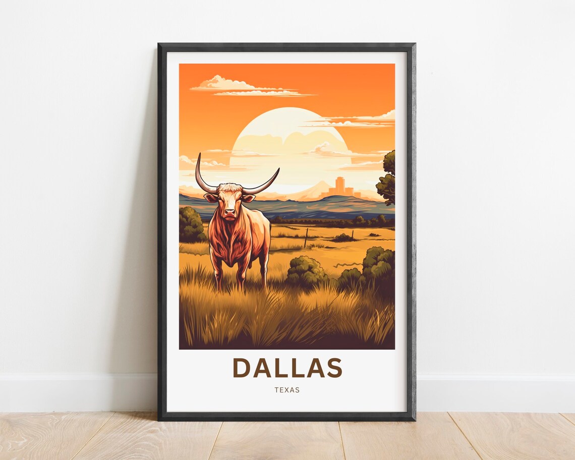 Dallas Texas Texas Longhorn Prairie Sunset Scene Travel Poster