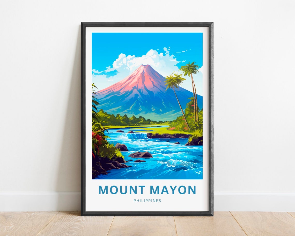 Mount Mayon Philippines Pink Volcano Cone River Palms Travel Poster