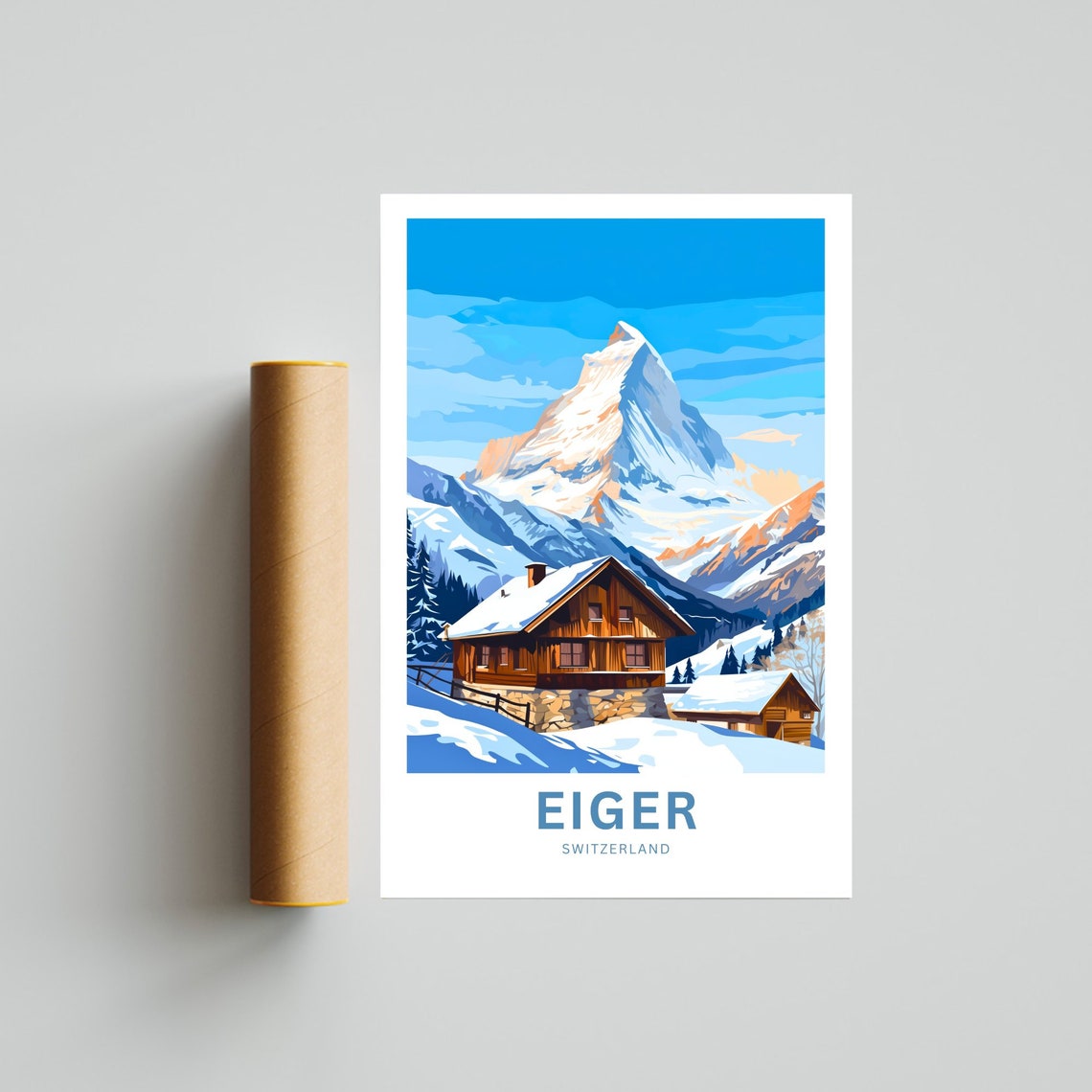Personalized Eiger Switzerland Snowy Peak and Chalet Travel Poster - Image 4