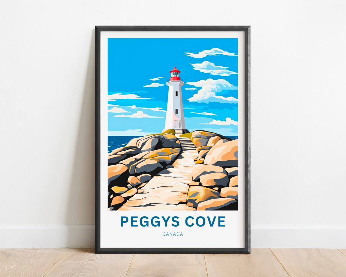 Peggys Cove Lighthouse Rocky Shore Travel Illustration Poster