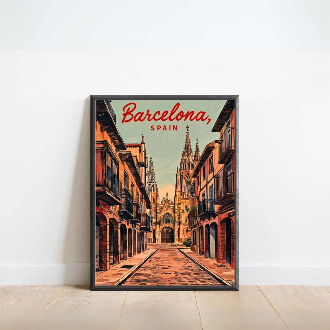 Barcelona Spain Gothic Cathedral Old Street Vintage Poster Art