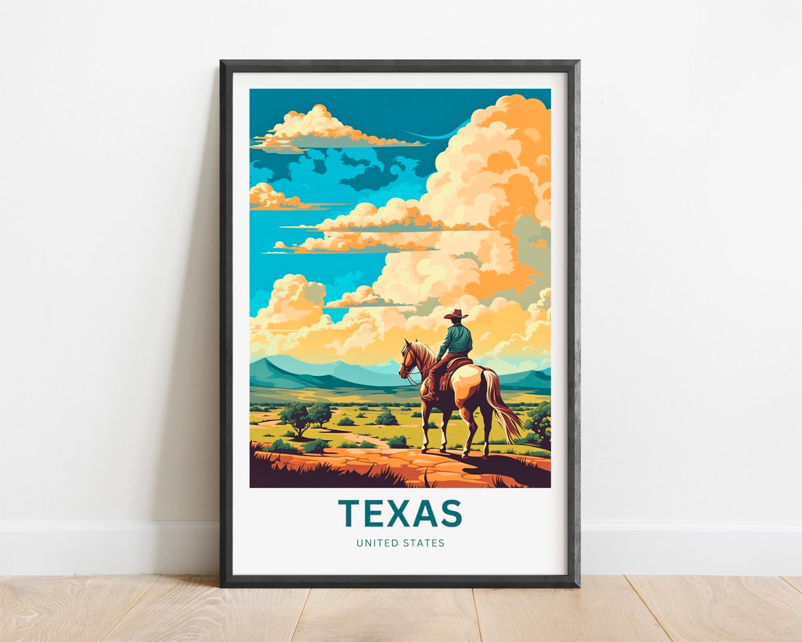 Texas Cowboy On White Horse Prairie Under Cloud Filled Sky Poster