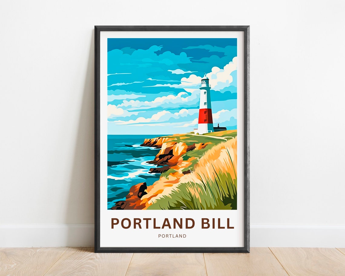 Portland Bill Lighthouse Travel Poster with Dorset Coast Cliffs