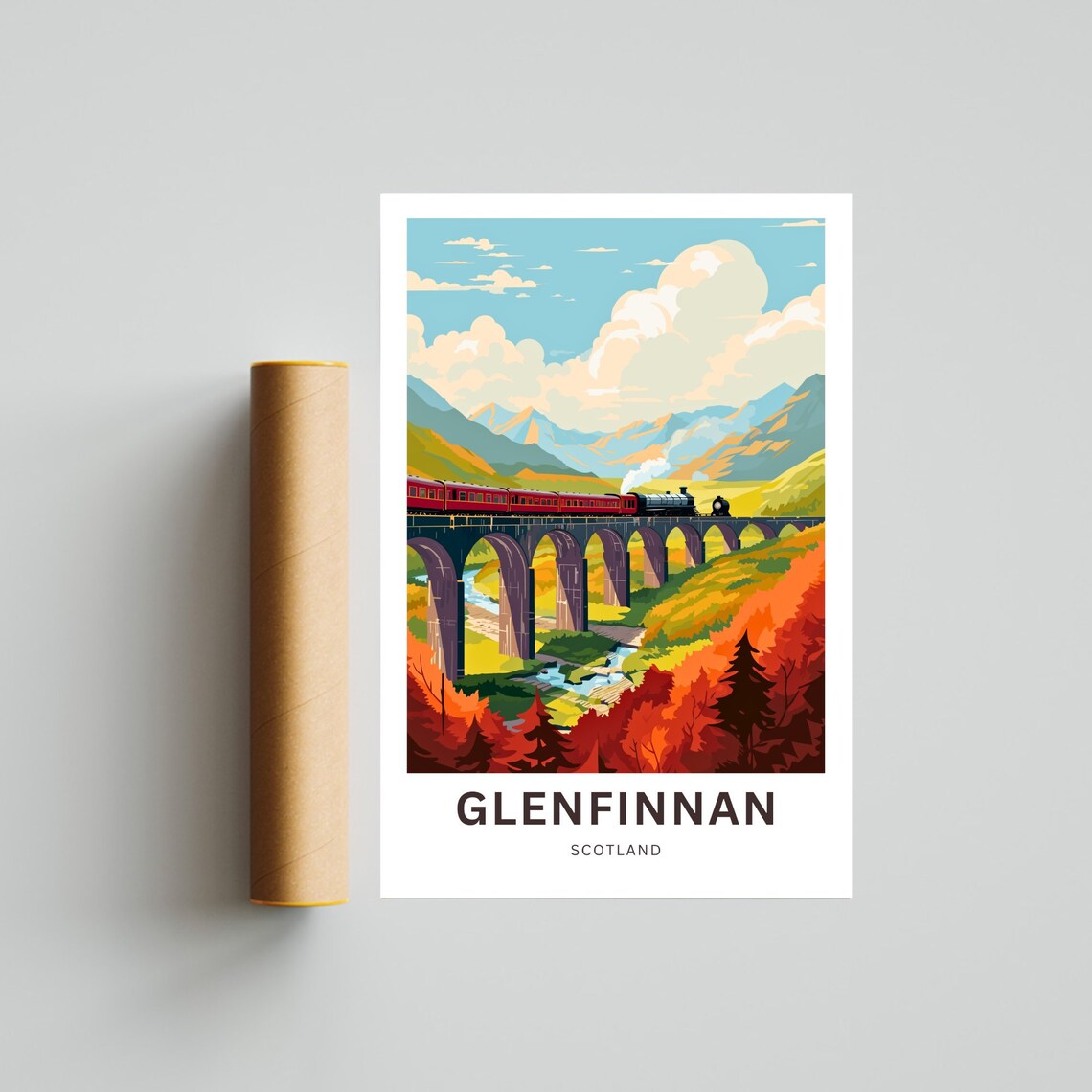 Glenfinnan Viaduct Fiery Autumn Red Train Scotland Travel Poster - Image 4