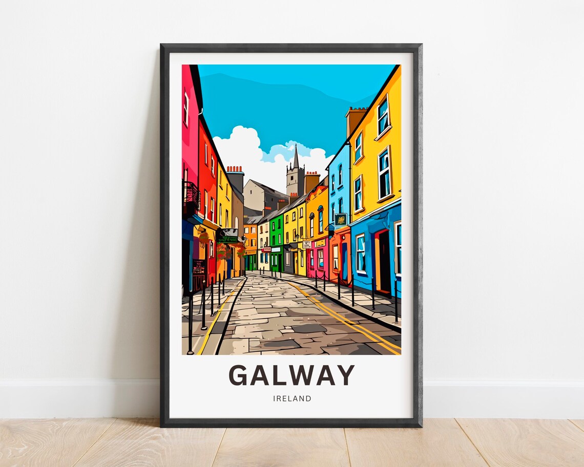 Galway Ireland Rainbow Painted Street and Church Spire Poster