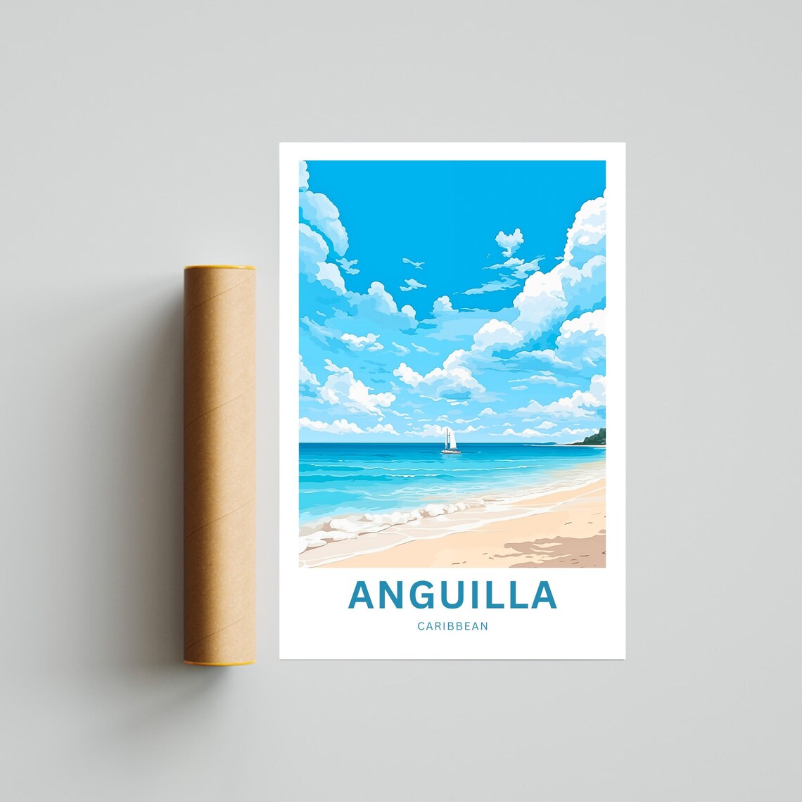 Anguilla Caribbean White Sand Beach Sailboat Clouds Travel Poster Art - Image 4
