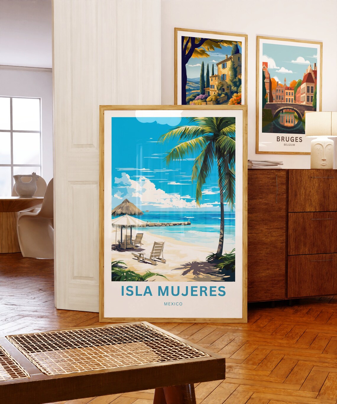 Isla Mujeres Mexico Tropical Beach Palapa Chairs Palms Scene Poster - Image 2