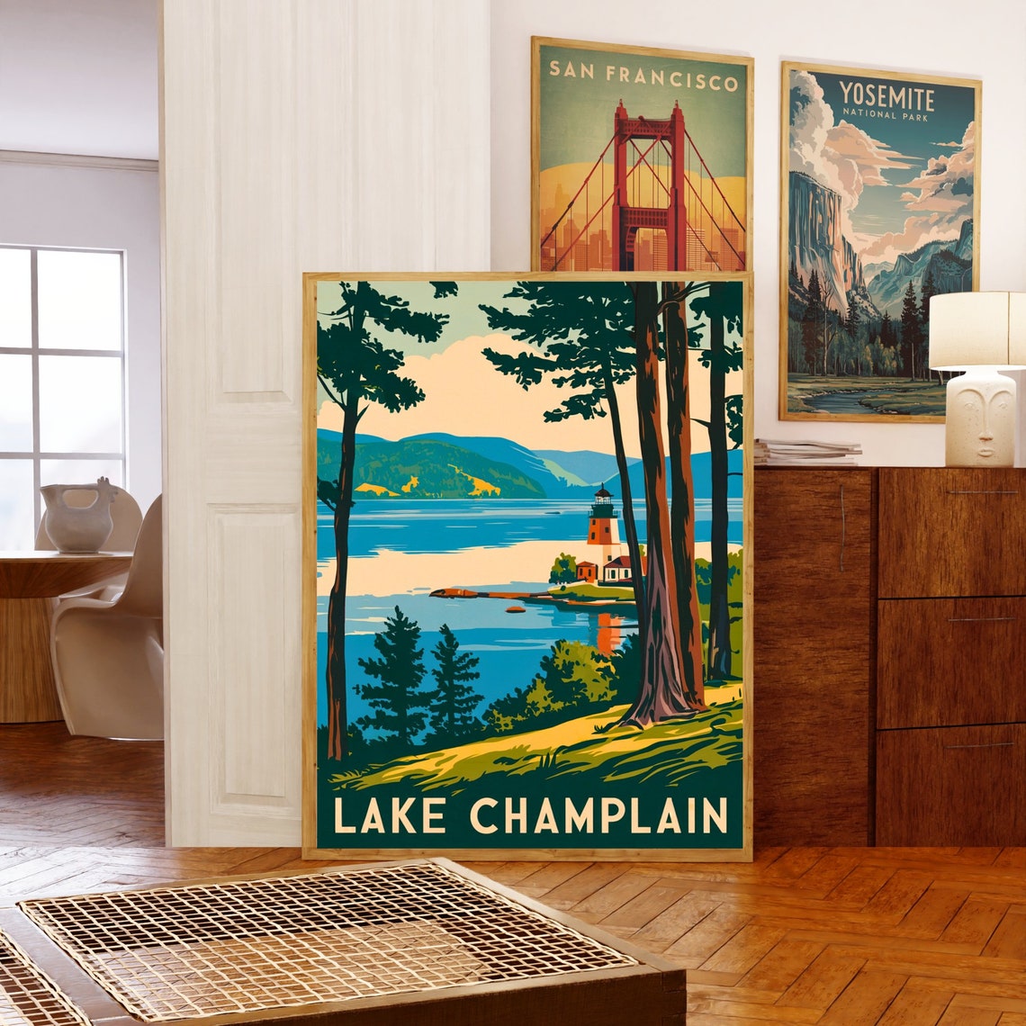 Lake Champlain Vintage Lighthouse Pine Forest Lakeside Poster