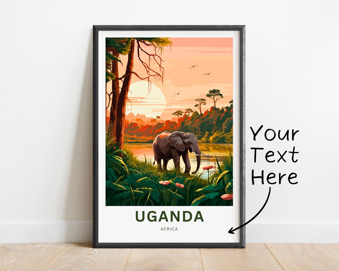 Uganda Africa Elephant River Sunset Custom Text Travel Poster