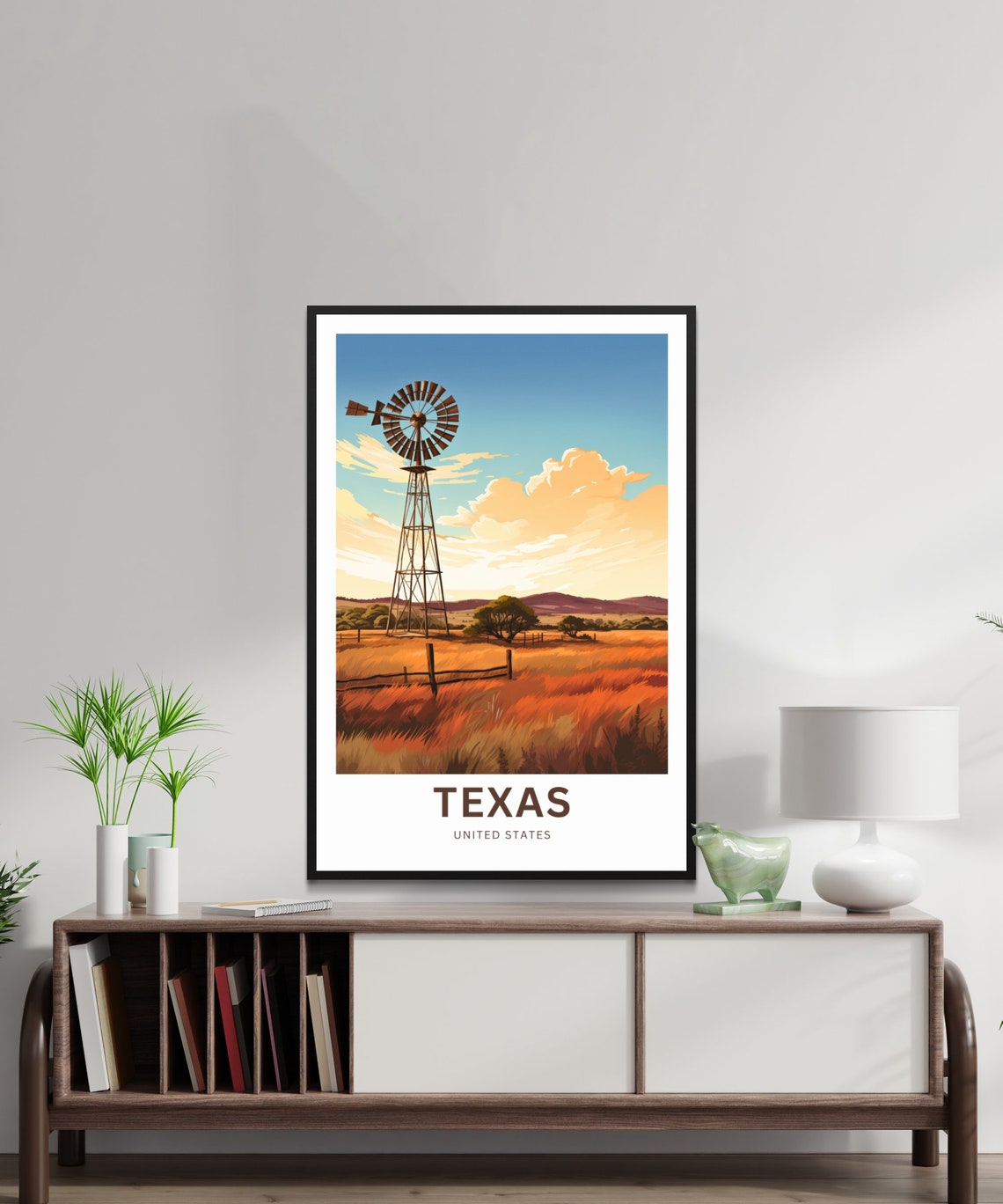 Texas Windmill Over Wheat Field Blue Sky Country Landscape Poster - Image 2