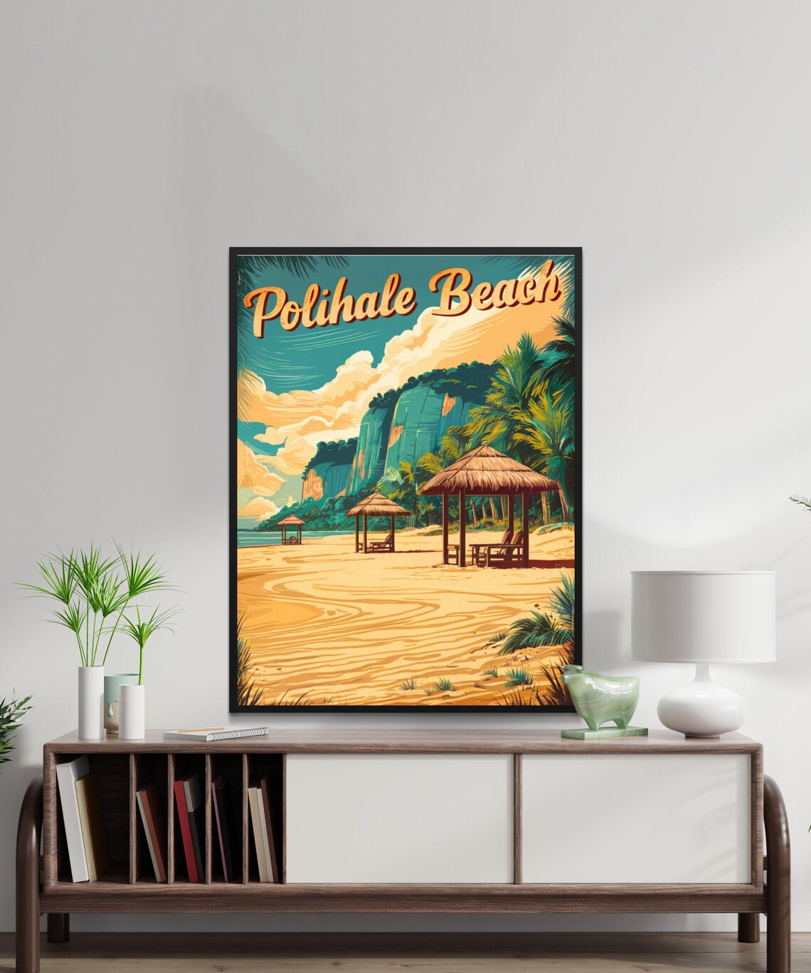 Polihale Beach Vintage Hawaii Tiki Shelters Golden Sand Retro Poster - Image 2