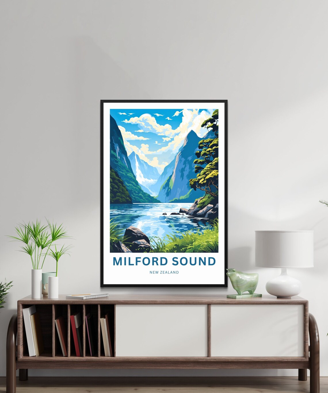 Milford Sound New Zealand Rocky Shore Calm Fjord Vintage Travel Poster - Image 2