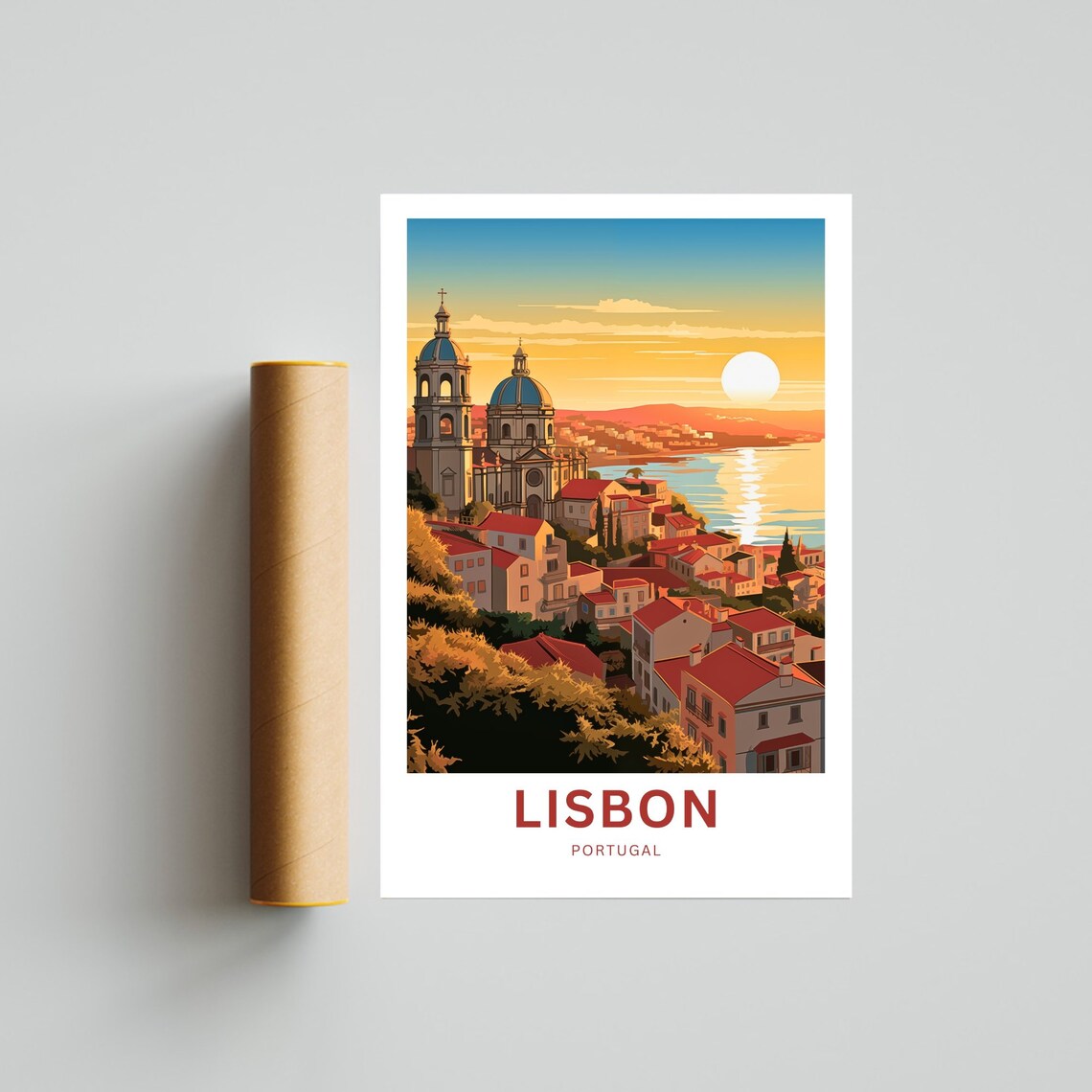 Lisbon Portugal Sunset Red Rooftops Domed Church Travel Poster - Image 4