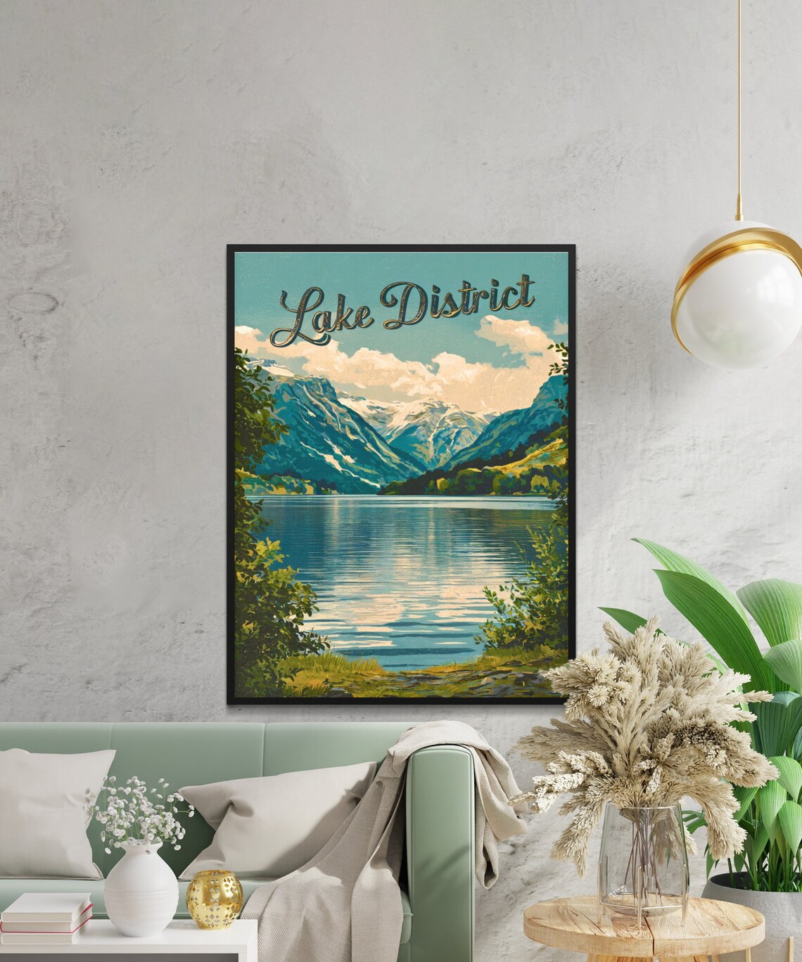Lake District Vintage Poster Script Mountain Lake Shoreline View - Image 2