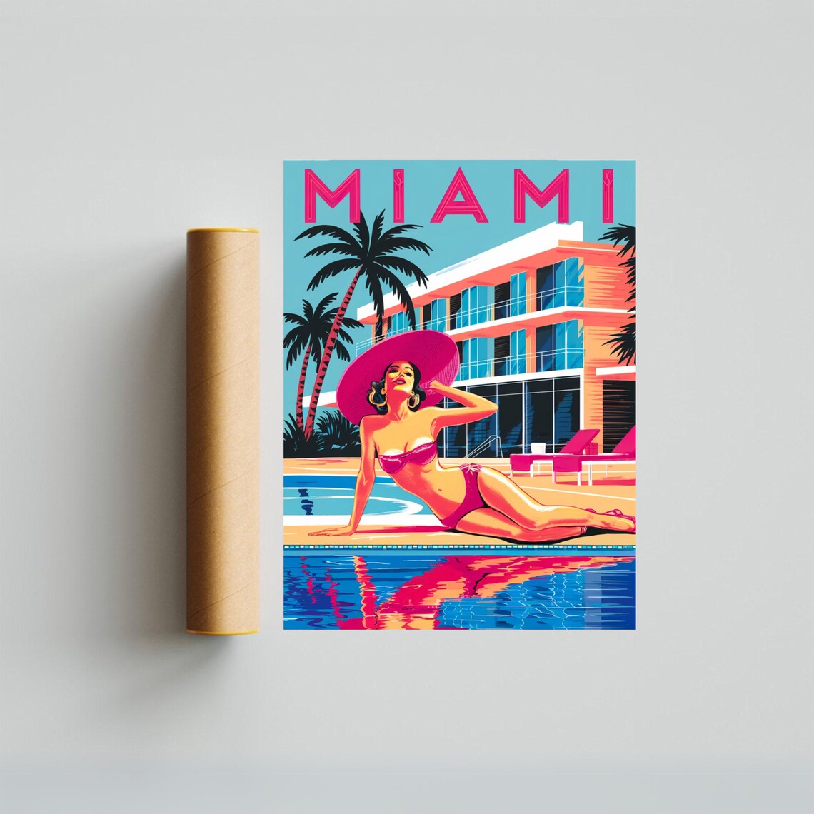 Miami Retro Poolside Pin Up Woman Pink Bikini Art Deco Poster - Image 2