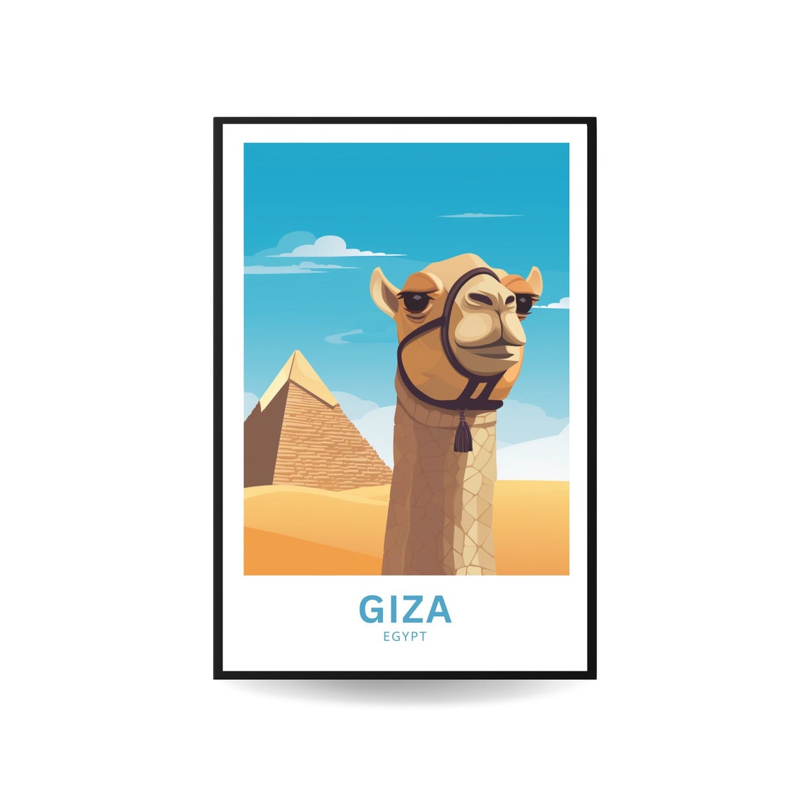 Giza Egypt Smiling Camel Portrait Pyramid Desert Scene Poster - Image 2