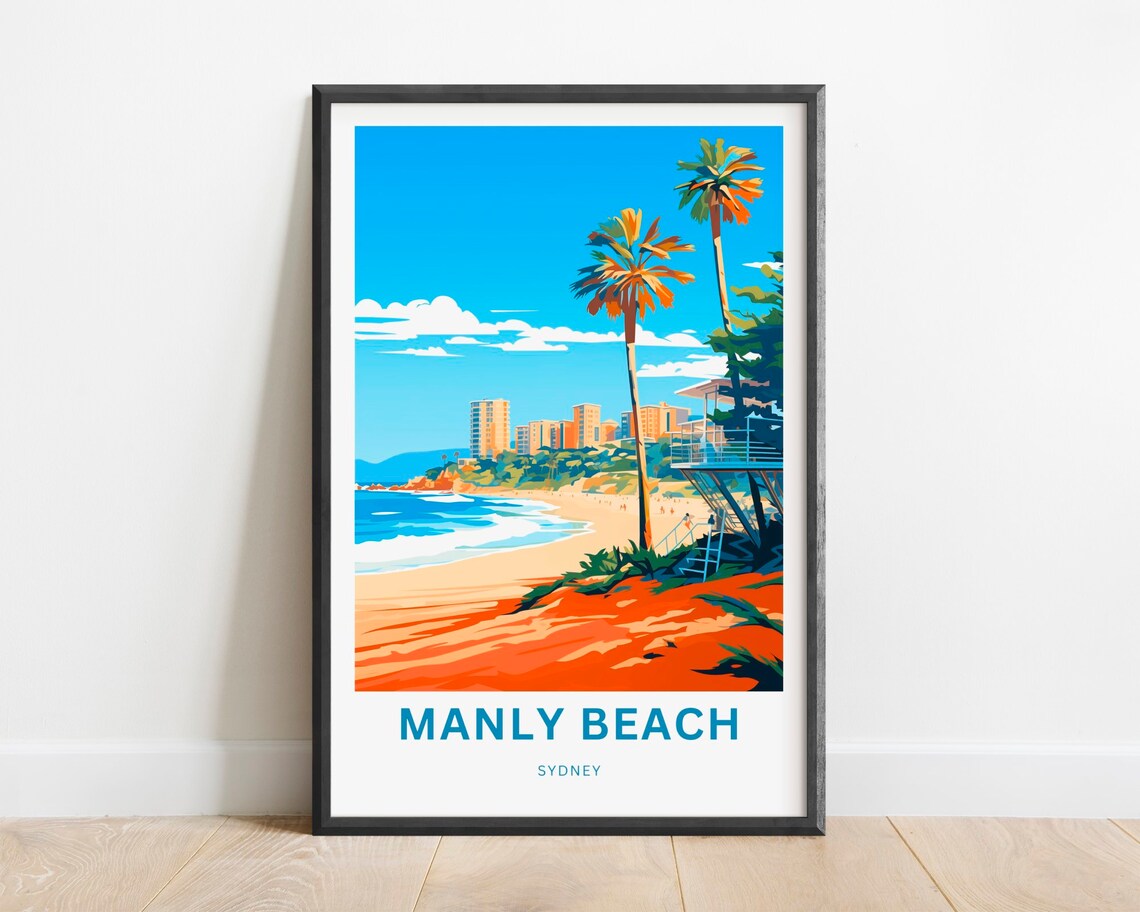 Manly Beach Sydney Palm Trees Tropical Coast Retro Travel Poster