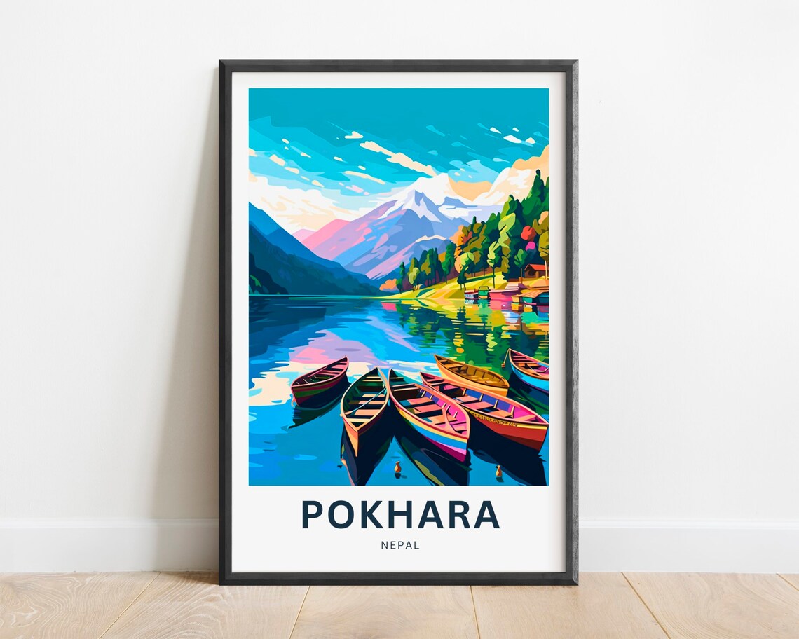 Pokhara Nepal Colorful Boats Himalayan Lake View Travel Poster