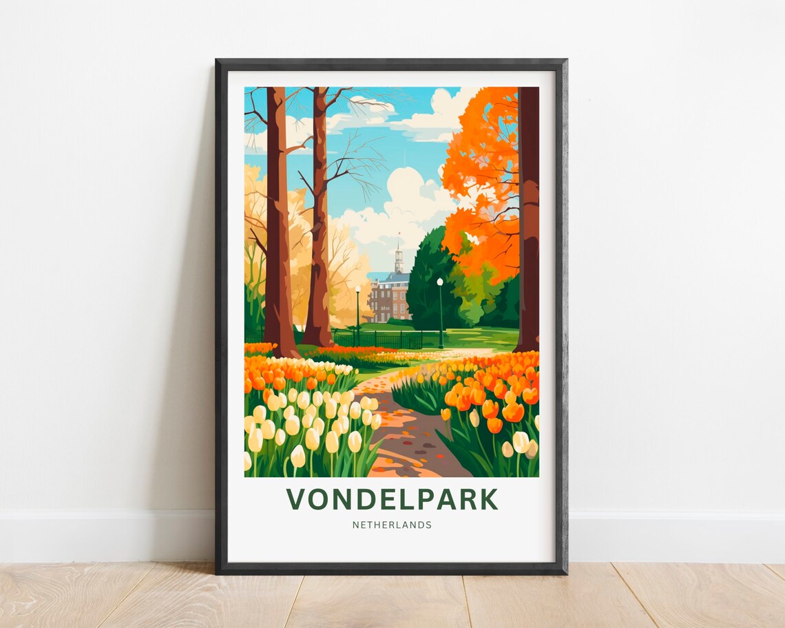 Vondelpark Netherlands Travel Poster Tulip Path Autumn Trees Park Artwork