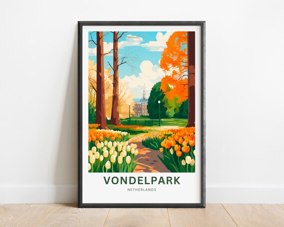 Vondelpark Netherlands Travel Poster Tulip Path Autumn Trees Park Artwork