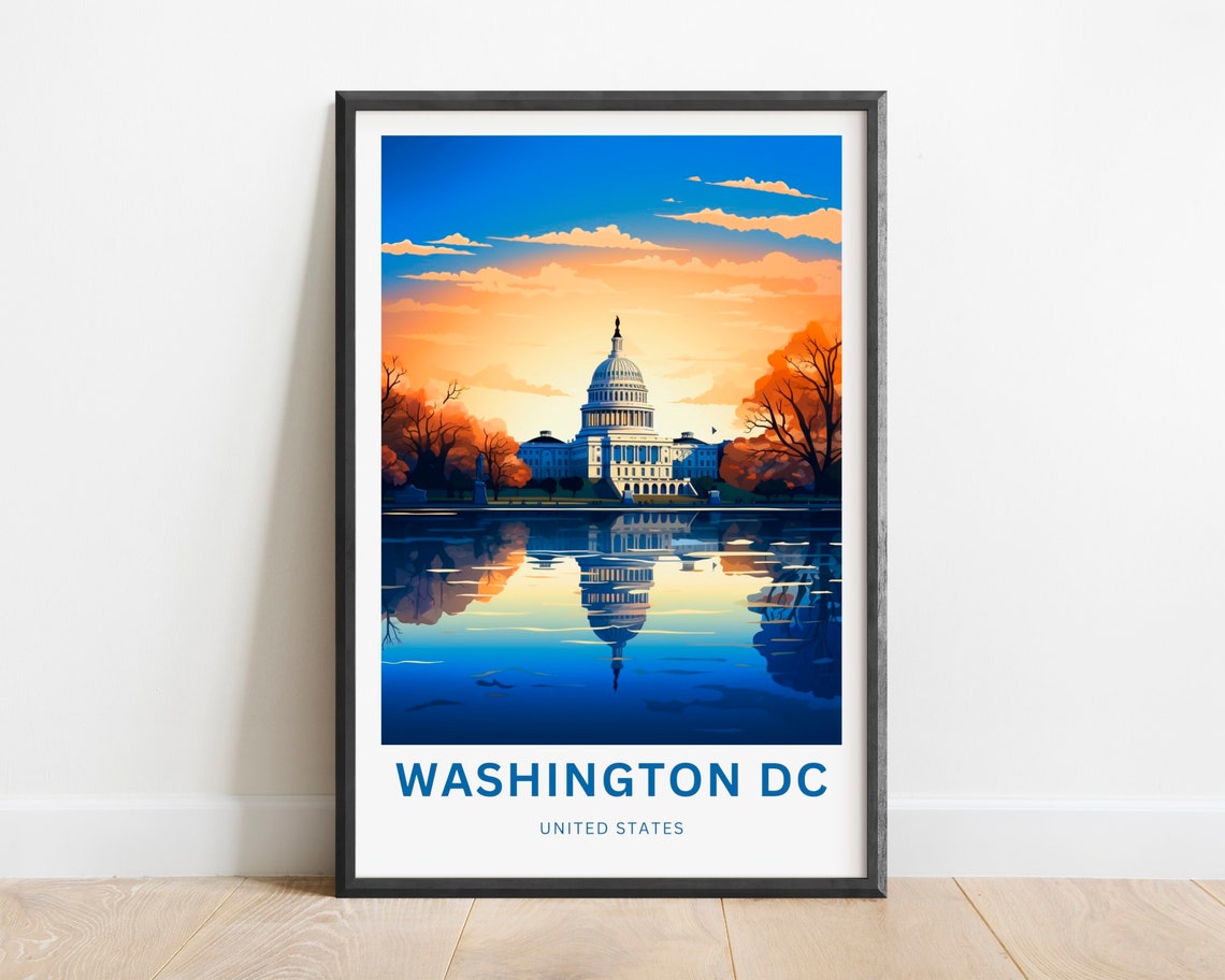 Washington DC US Capitol Reflection Water Sunset Travel Poster