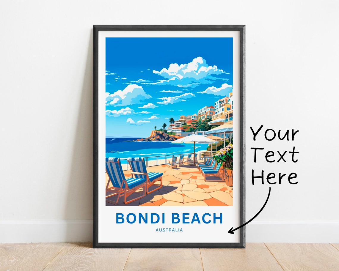 Bondi Beach Australia Ocean Pool Sundeck Chairs Custom Text Poster