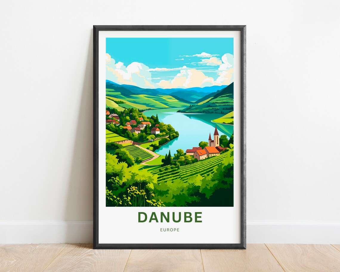 Danube Europe Scenic Riverside Village Church Valley Travel Poster