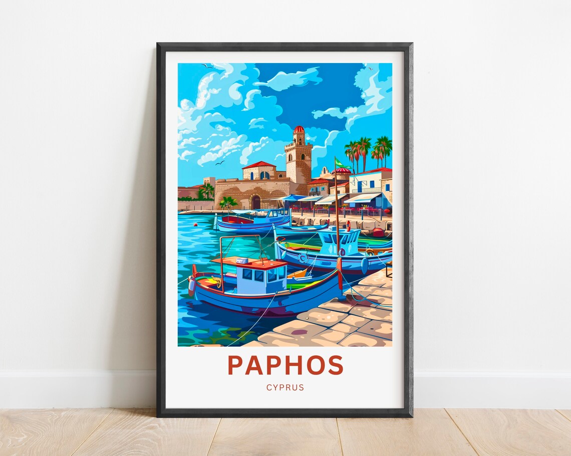 Paphos Cyprus Sunny Old Harbor Fishing Boats Travel Art Poster