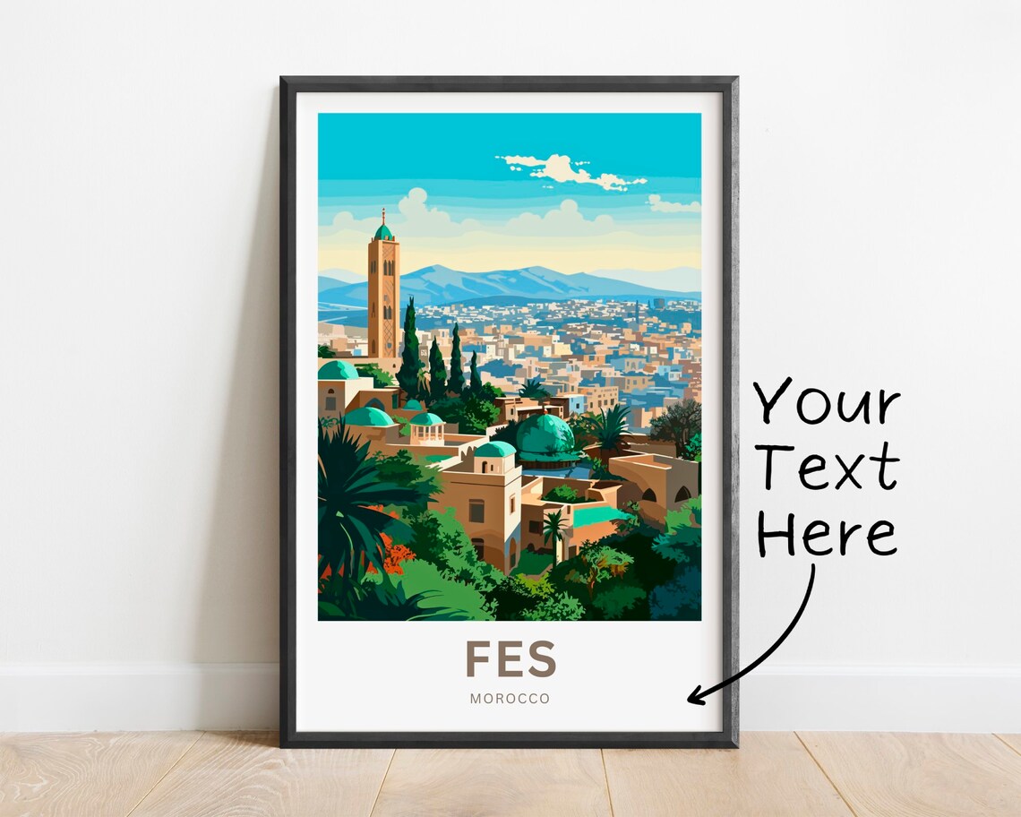 Fes Morocco Tall Ancient Minaret Cityscape Custom Art Travel Poster